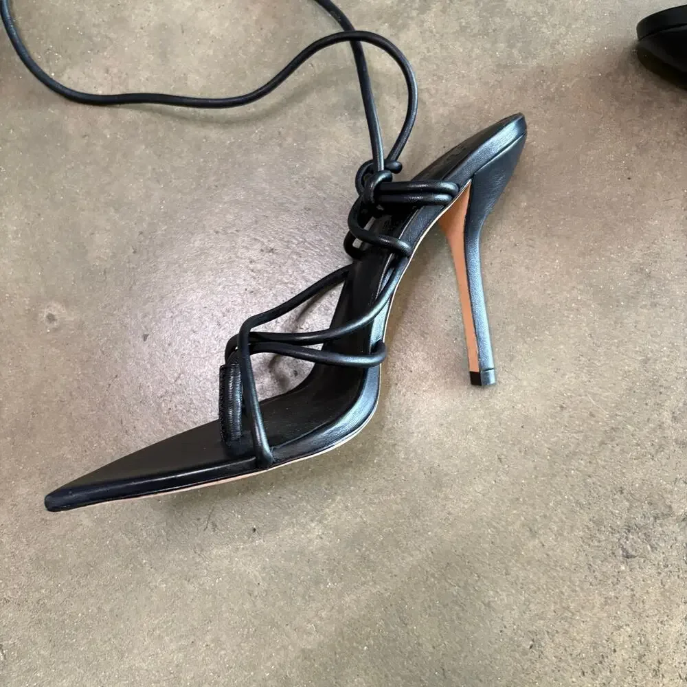 DUNDAS x REVOLVE Black Leather Iggy Lace Up Wrap Pointed Toe Heels SZ 8.5